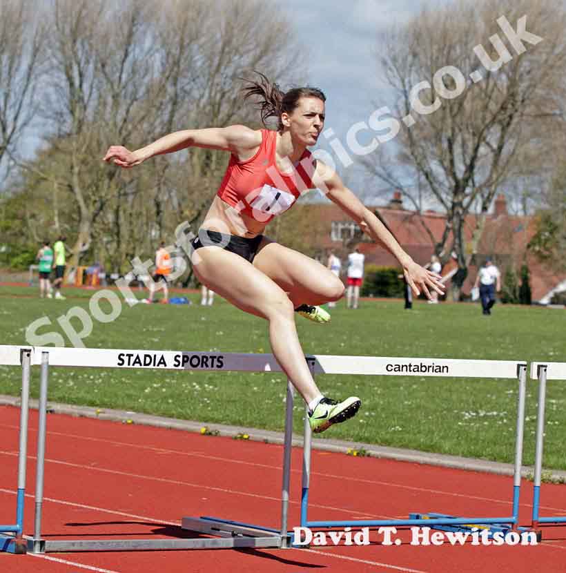 Samantha Coleby (Durham City) wins the 400 metres hurdles in 59.8sec. at the North of England, Div. 4E, Whitley Bay.